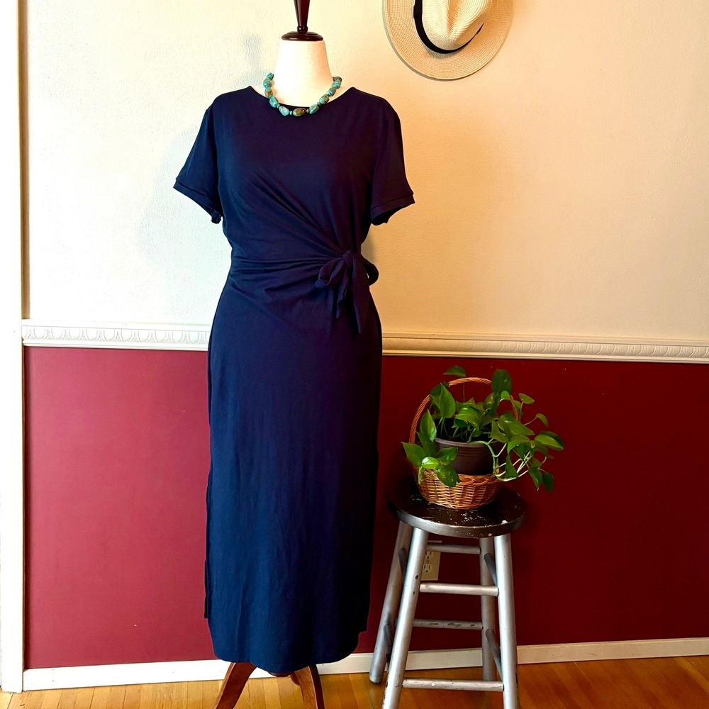 Women's Navy Blue Side Tie Short Sleeve Maxi Dress L Round Neck Jersey Coastal